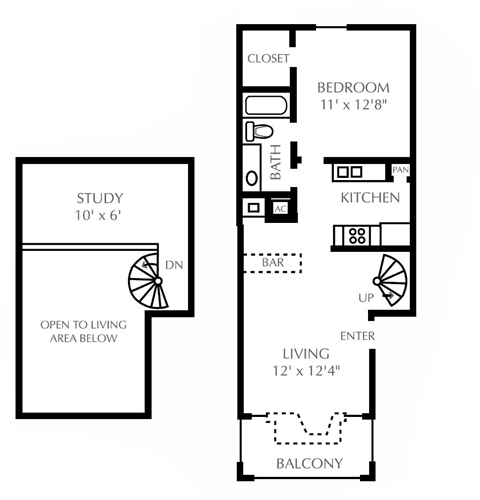 Floor plan for 1 bed, 1 bath, 753 sqft